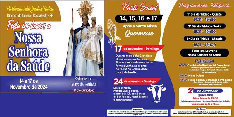 Foto: Começa hoje, quinta-feira, 14/11, a 117ª Festa de Nossa Senhora da Saúde